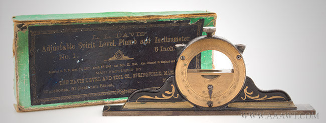 Davis Level & Tool Company 6'' Mantle Clock Inclinometer, Original Box, RARE
Springfield, Massachusetts, Circa 1875, entire view